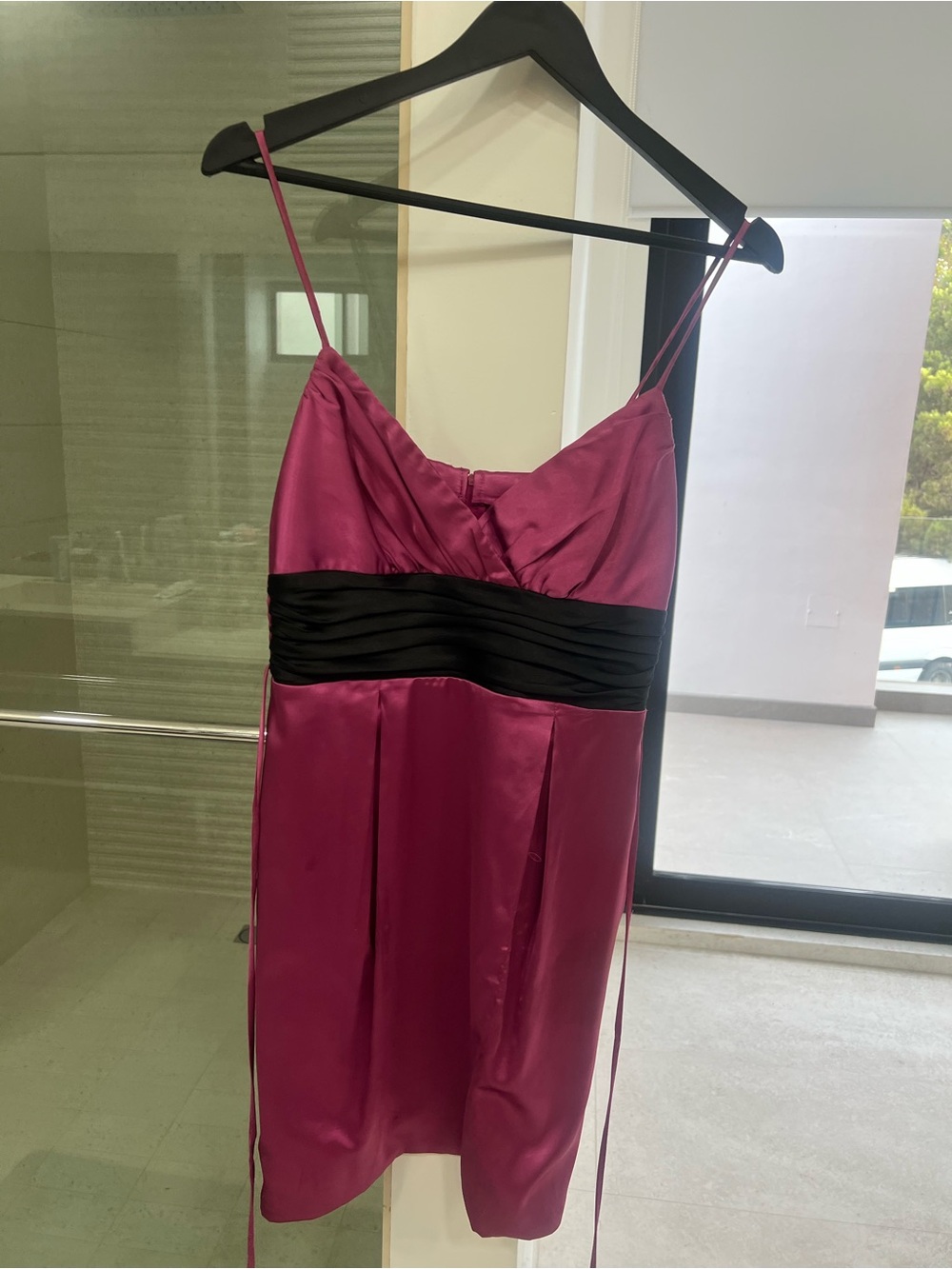 Teeze Me Fuchsia Satin Spaghetti Strap Dress with Black Waistband